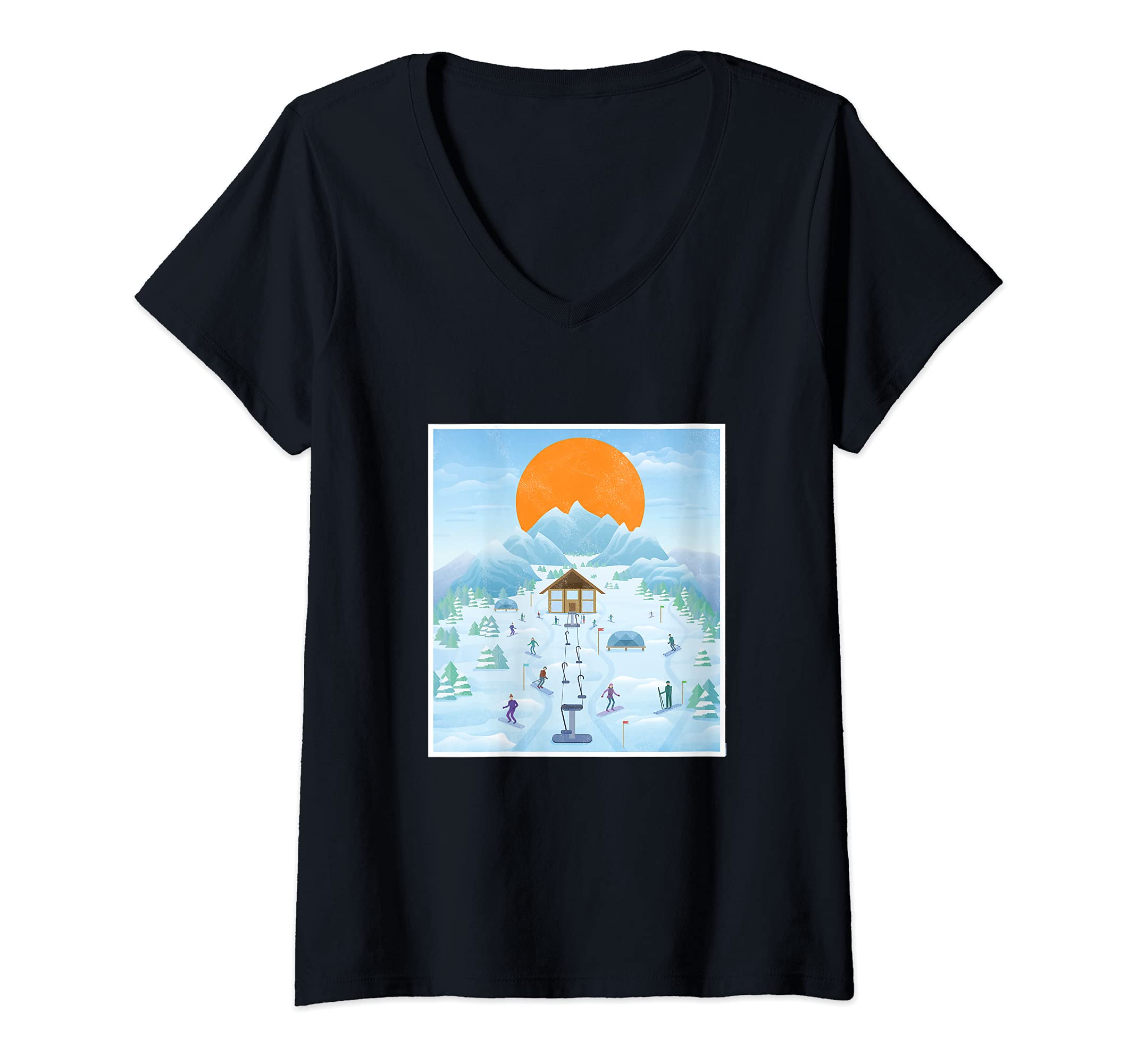 Womens Ski Station Sunset Snow Mountains Vacation Skiing Skies V-Neck T-Shirt