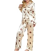SweatyRocks Women's Silk Stain 2 Piece Pajama Set Bear Print Long Sleeve Button Down Loungewear and Pants Pj Sets Sleepwear