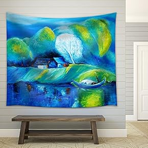Original Oil Painting Showing Lake,Boat and House Landscape on Canvas - Fabric Wall Tapestry Home Decor - 51x60 inches