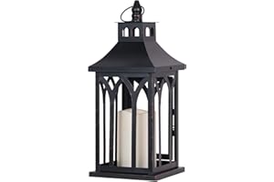 DECORKEY Decorations for Home, Decorative Led Candle Lantern Indoor Outdoor Decor, Metal Hanging Candle Holder with Xmas Teardrop Wreath and LED Candle for Table Centerpieces, Patio (Black)