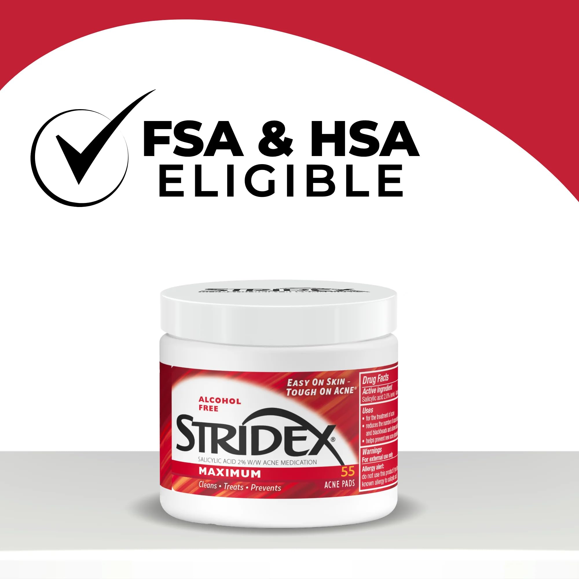 Stridex Medicated Acne Pads, Maximum, 55 Count – Facial Cleansing Wipes, Alcohol Free, Acne Treatment for Face, For Moderate Acne, Smooth Application