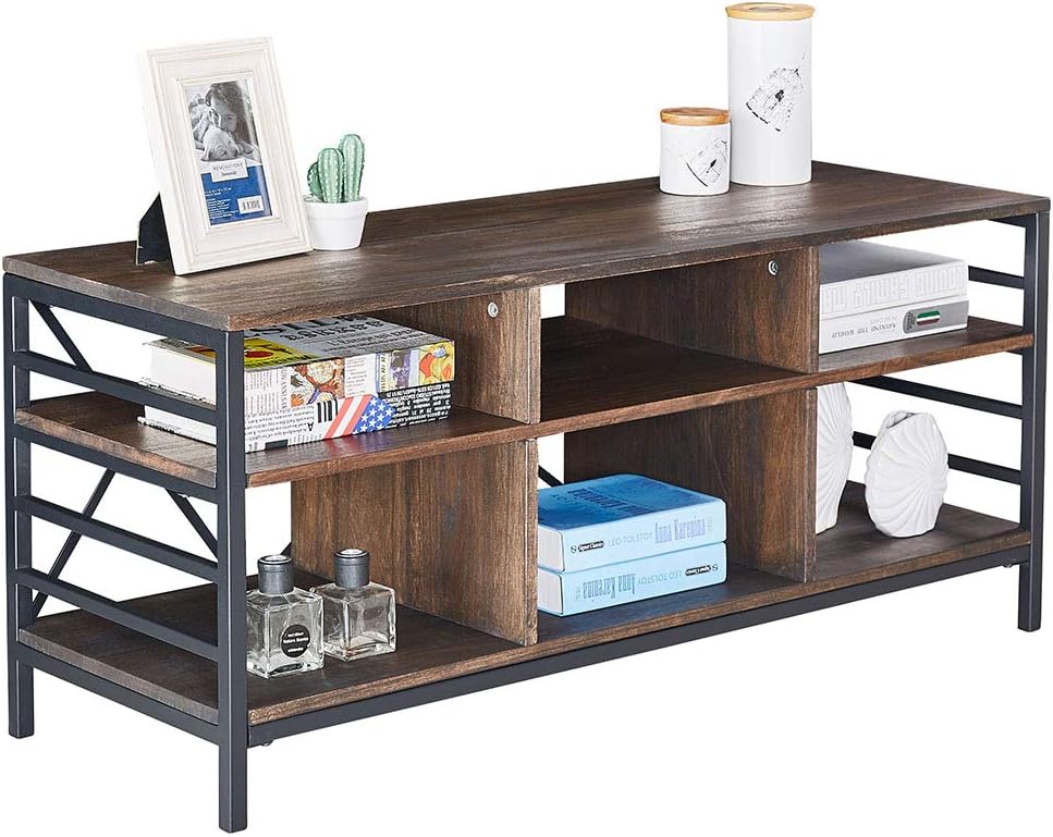 Grafzeal Industrial TV Stand, Retro TV Console Cabinet, Modern Media Entertainment Center with Metal Frame for Flat Screen TV Cable Box Gaming Consoles, in Living Room Bedroom Office Distressed Brown