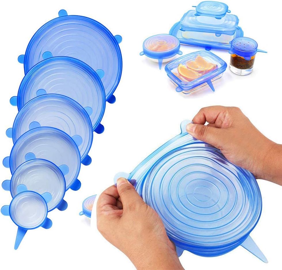 Reusable Silicone Stretch Cover Lids - 6 Pack Various Sized Food Grade Silicone Lids for Container Bowl Dishwasher Freezer Microwave Safe (Blue)