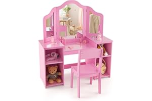 HONEY JOY Kids Vanity, Little Girls Vanity Set with with Mirror and Stool, Storage Shelves, Wooden Princess Makeup Dressing Table, Toddler Vanity, Pretend Play Kids Vanity Table and Chair Set (Pink)