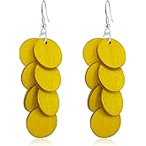 WIKMAB Bohemian Wooden Round Geometry Lightweight Dangle Drop Earrings Natural Wood Circle Fringe Hook Earrings