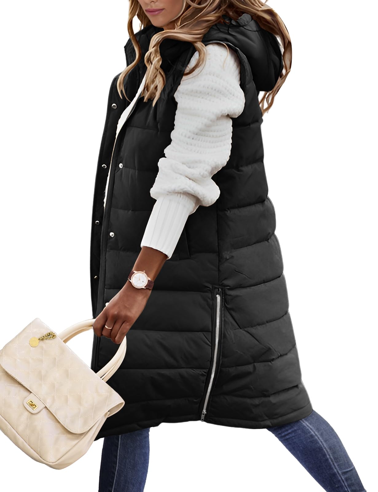 Photo 1 of HEEKPEK Womens Puffer Vest Winter Hooded Sleeveless Zip Up Long Puffy Jacket Warm Thick Quilted Coats with Pockets(Black,M)