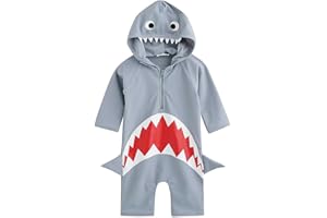 7-MI Kids One Piece Rash Guard Shirts Boys Girls 3D Shark Design Long Sleeve Swimsuits Bathing Surf Swimming
