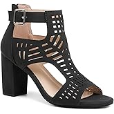 LinnOaks Black Heeled Sandals For Women 2025 Chunky Open Toe Ankle Strap Bohemian Cutout Block Heel Summer Dressy Sandals,9