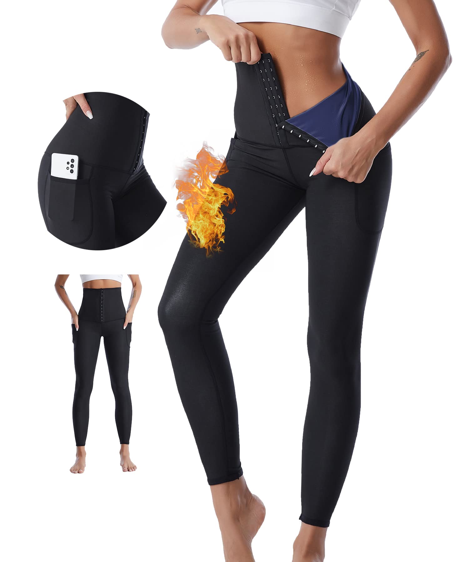 Merlvida Sauna Sweat Pants for Women High Waist Weight Loss Sauna Leggings with Pockets Waist Trainer Sweat Suit Tummy Contro Body Shaper Exercise Gym Yoga Fitness