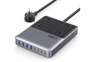 KIOSON 12-in-1 Charging Station USB C Power Strip with 5ft Cord and Plug,200W GaN IV USB C Charger Block,4 AC Outlets,4 USB-A,4 USB-C for MacBook,iPhone 17/16/15,Fast Charging Desktop Charger for Office,Home