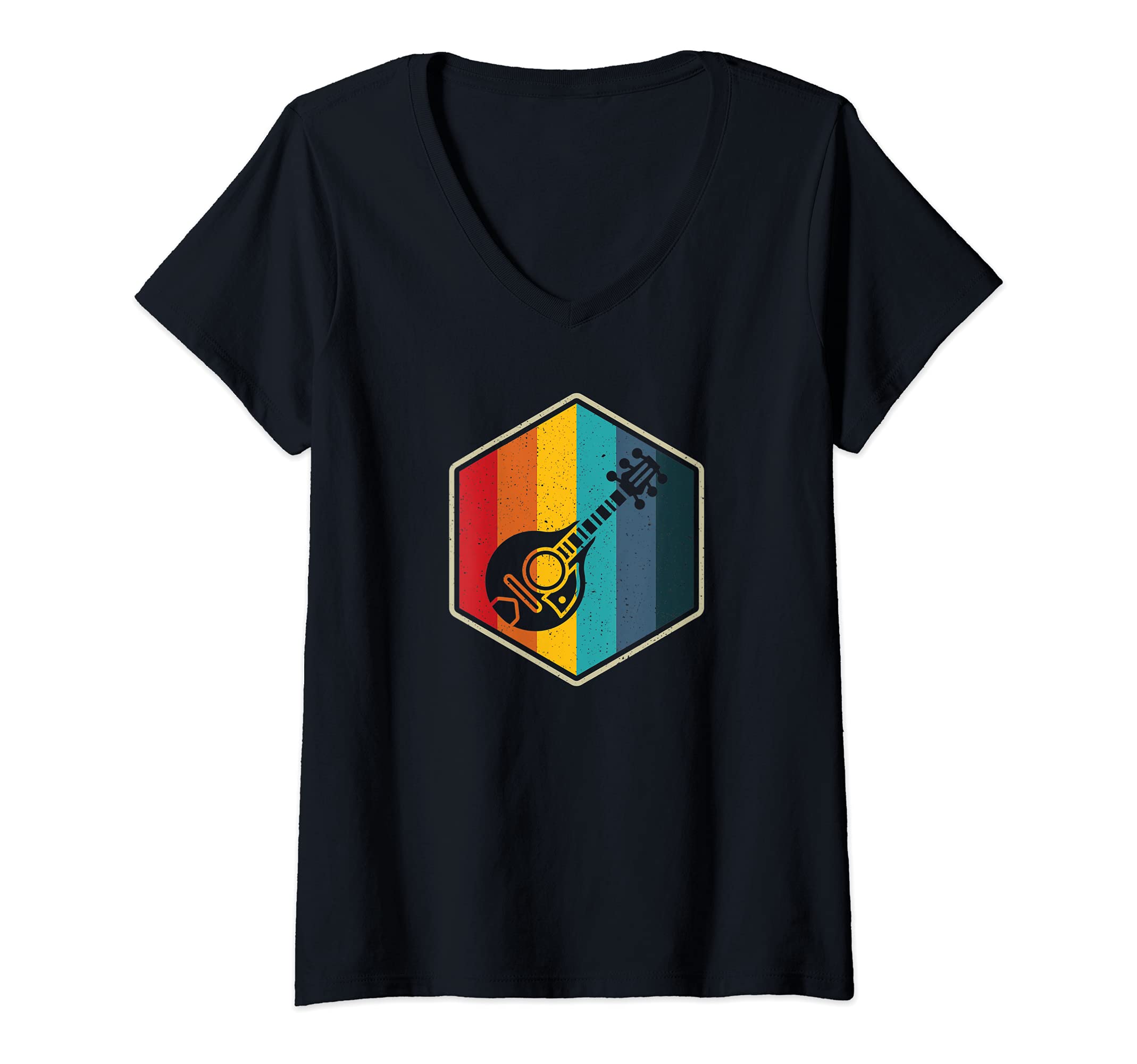 Womens Mandolin retro hexagon vintage mandolin player V-Neck T-Shirt