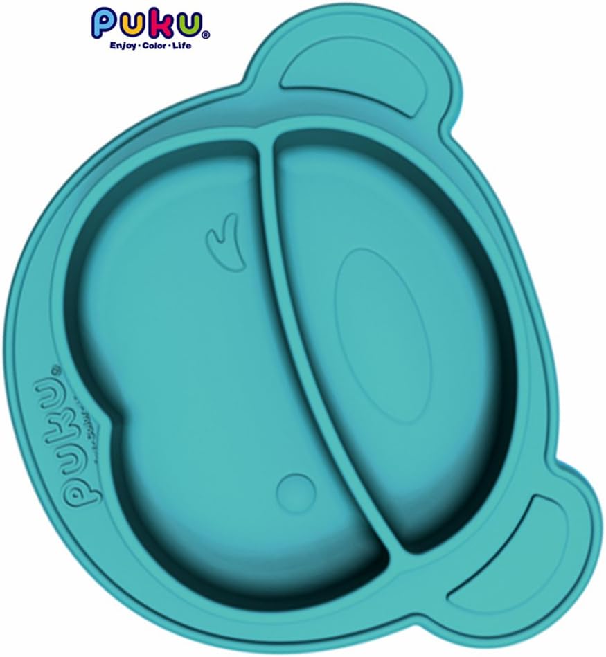 PUKU Kids Plate with Silicone Suction Tableware, Highchair Feeding Tray Round Monkey Placemat,BPA- Free Children Placement Shower Gift (Blue)