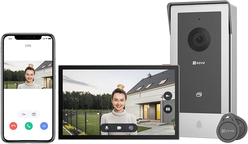 Sistema de Intercomunicador de Vídeo WiFi 1080P, monitor tátil a cores de 7'', campainha de vídeo de 2 fios, destrancamento remoto, áudio bidirecional, banda dupla (2,4/5GHz), design fino, CP5
