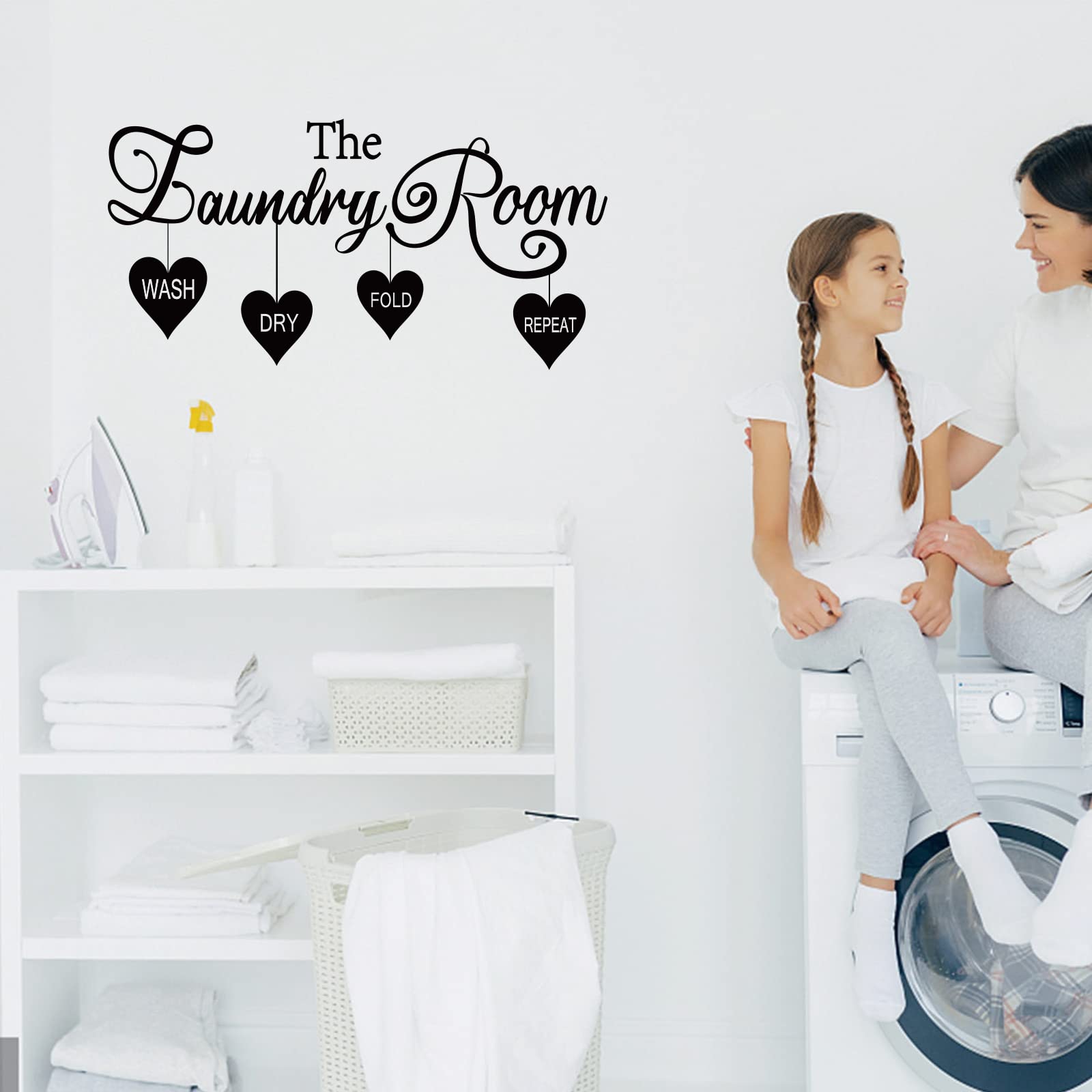 SUPERDANT The Laundry Room Wall Sticker Wash Dry Fold Repeat Words Vinyl Wall Art Decal for Home Washing Machine Dryer Laundry Room Wall Decor Black 59x28.5cm