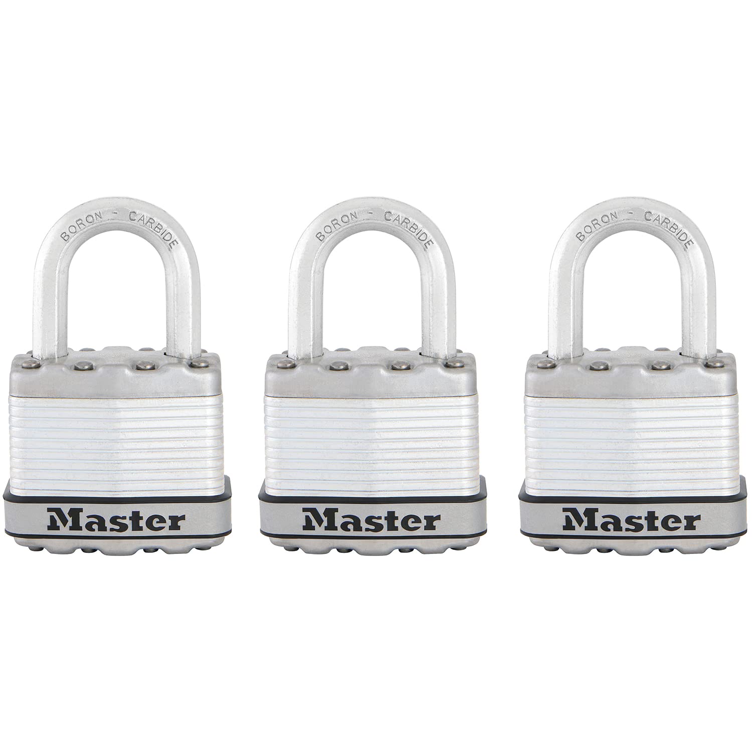MASTER LOCK Pack of 3 Heavy Duty Padlocks, Security Level 8/10, Outdoor, Keyed, Laminated Steel, Weatherproof, Standard Shackle