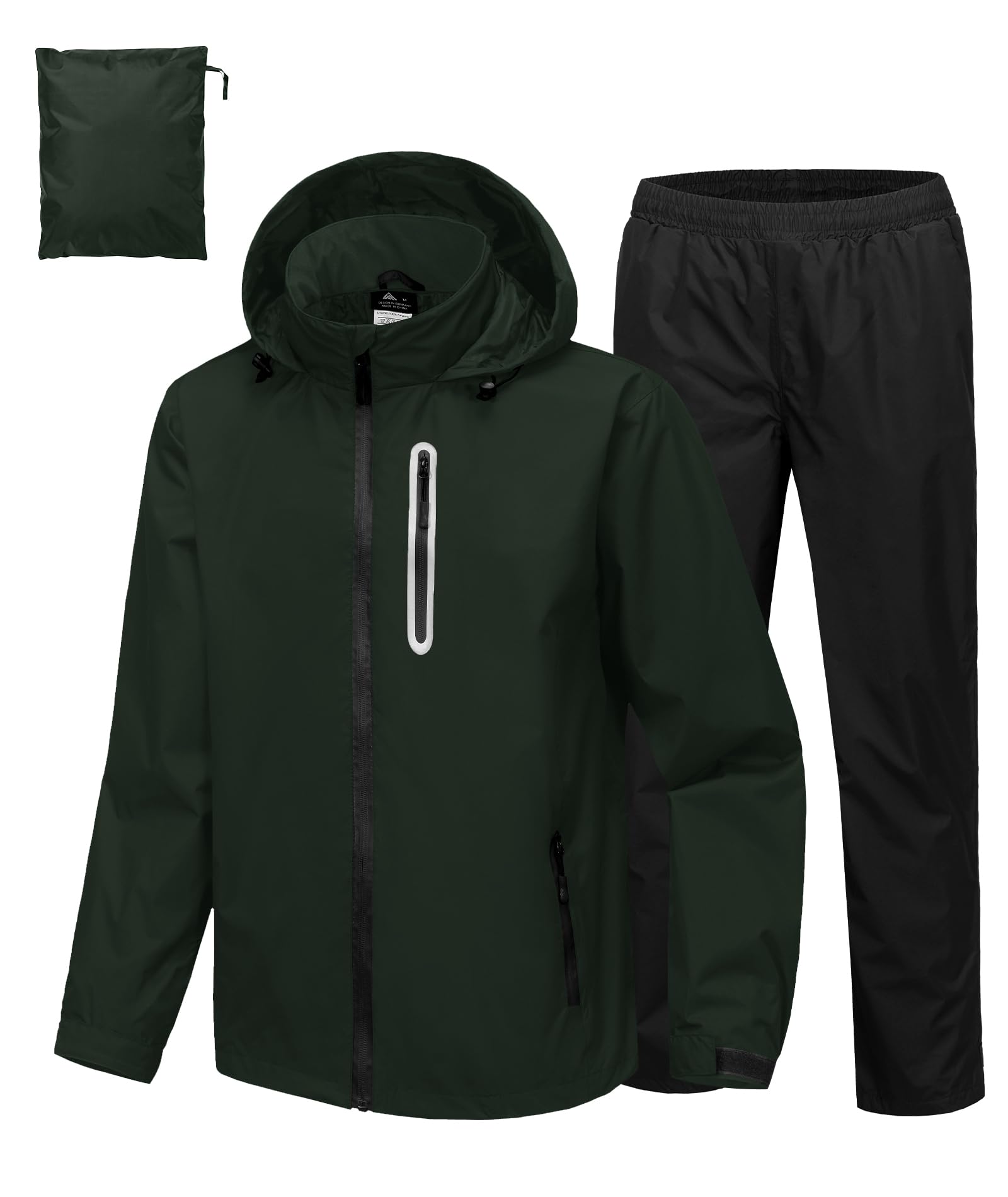 Photo 1 of Men's Waterproof Golf Rain Suit Rain Gear Jacket and Pant 2 Pieces Packable Lightweight Hooded Raincoat Dark Green Jacket Black Pants Small