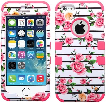 MyTurtle Shockproof Hybrid 3-Layer Hard Case Bundled with [9H Tempered Glass] Screen Protector Shock-Absorption and Anti-Scratch Bumper Back Cover for iPhone SE 5S 5 (Pink Roses)