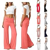Coral Fold Over Yoga Pants 2026, Ruched Waist Solid Wide Leg Loose Fit Lounge Pants for Yoga Sport Everyday