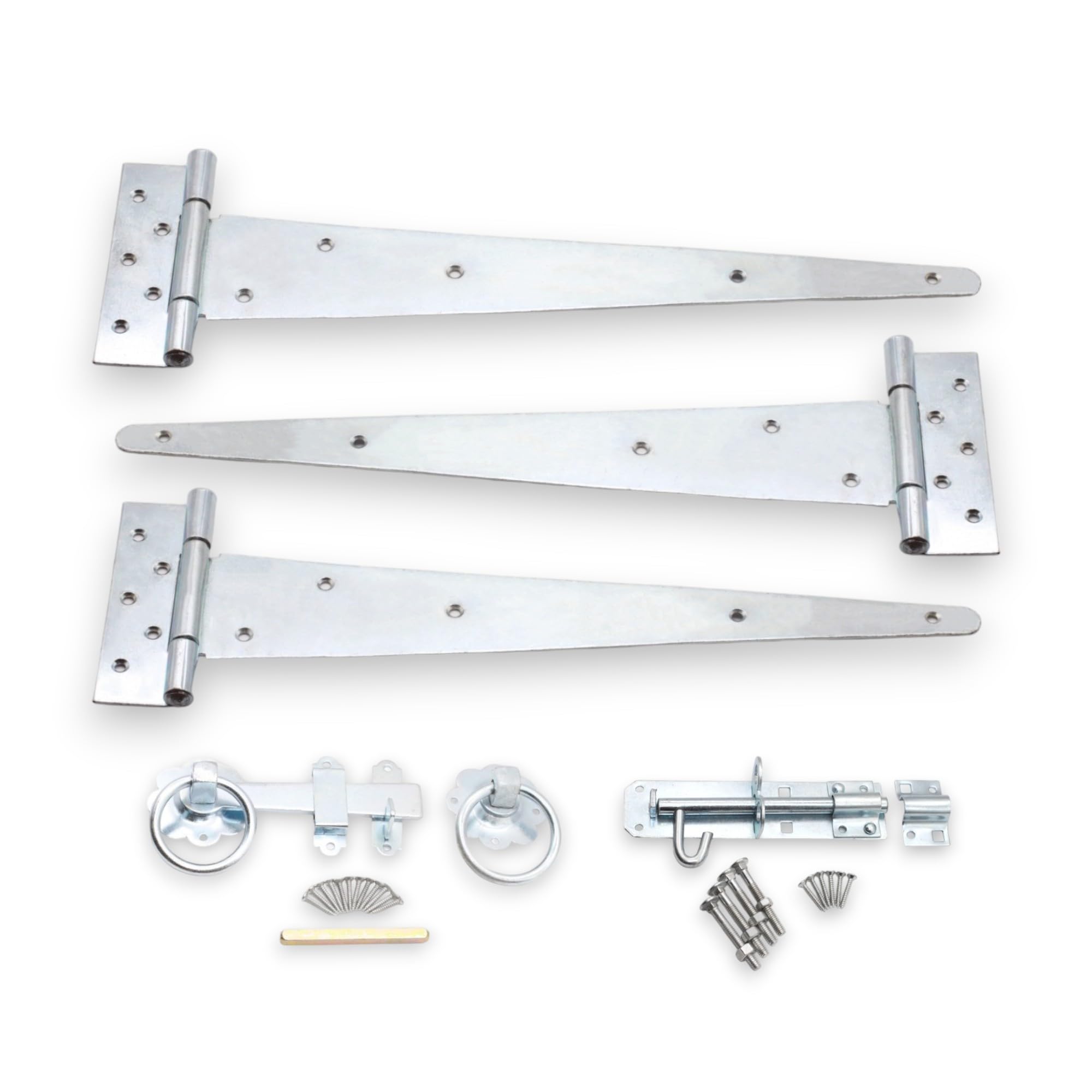 Infinity Decor 18" Tee Hinges (3) Garden Gate kit Plain Ring Latch and Brenton Bolt Wooden Gate Fittings Set Zinc - for Barn, Shed Doors, Garage Gate