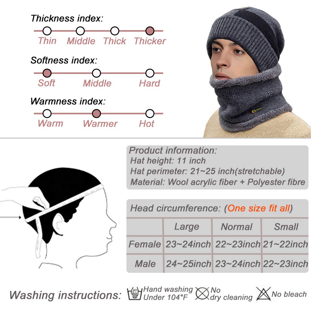 Winter Beanie Hat Scarf Set Thick Soft Lightweight Knit Skull Cap Men Women Nap Cloth Ski Outdoor Sports (Gray&Balck)