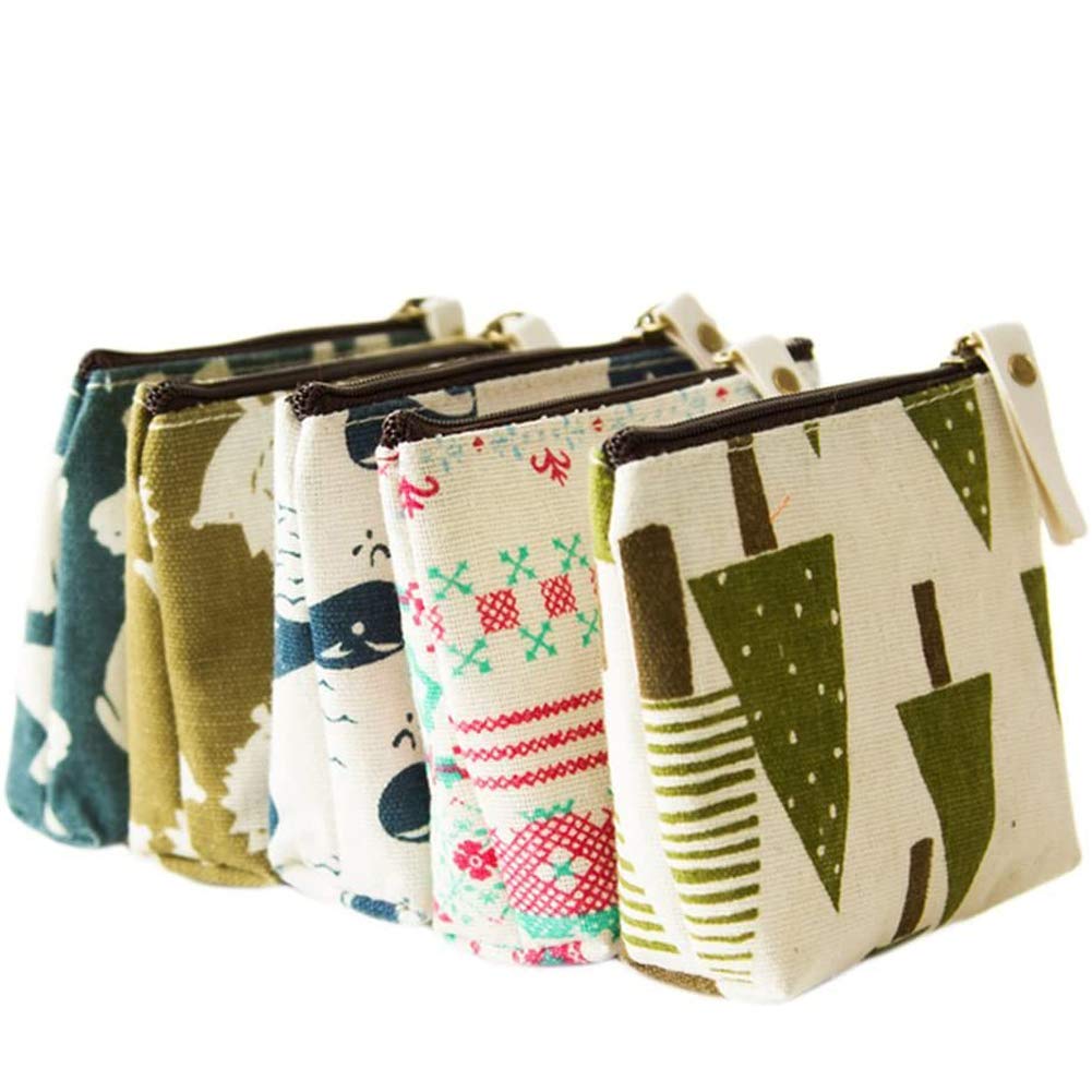 5 pcs Mini Canvas Coin Purse Small Zip Women Wallet Coin Bag Pouch Holder Small Cute Storage Bag for Credit Card, ID Card, Keys, Headset, Lipstick, Pencil
