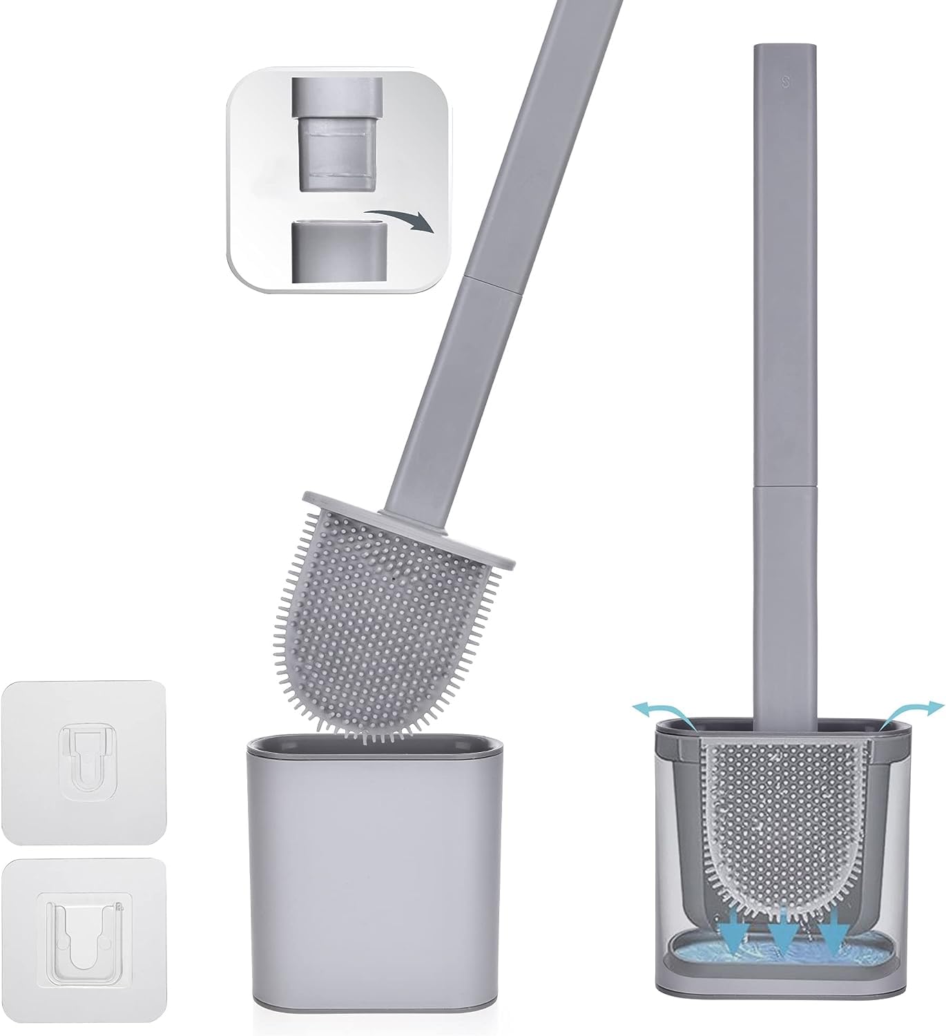 KWIK CLEAN Grey Single Deep Clean Silicone Toilet Brush & Quick Dry Anti-drip Holder, Flexible No scratch Bathroom Brush Long Non-Slip Handle for Easy Cleaning, Durable Toilet Brush Set With Holder