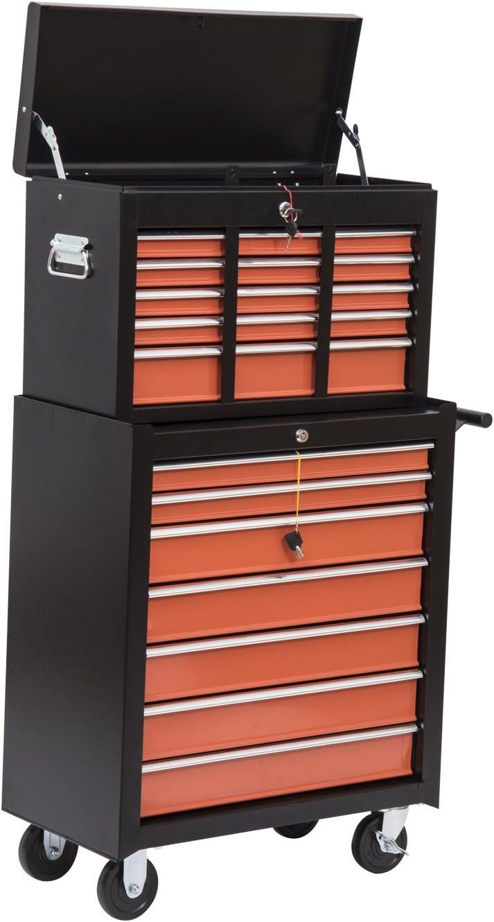Rolling Tool Chest with 16 Drawers, Black and Orange