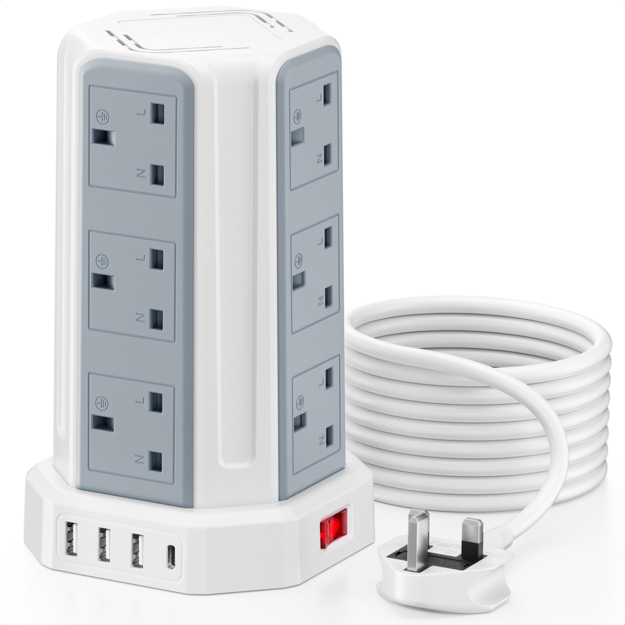 AODENG Tower Extension Lead with USB Slots 5M, 12 Way Outlets Multi Plug Extension Tower with 4 USB Slots (1 Type C & 3 USB Ports), Surge Protector Long Extension Lead tower for Home, Office, Kitchen