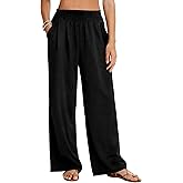 LOMON Palazzo Pants for Women Casual Wide Leg Flowy Pants Beach Vacation Clothes Elastic Waist Boho Trousers with Pockets