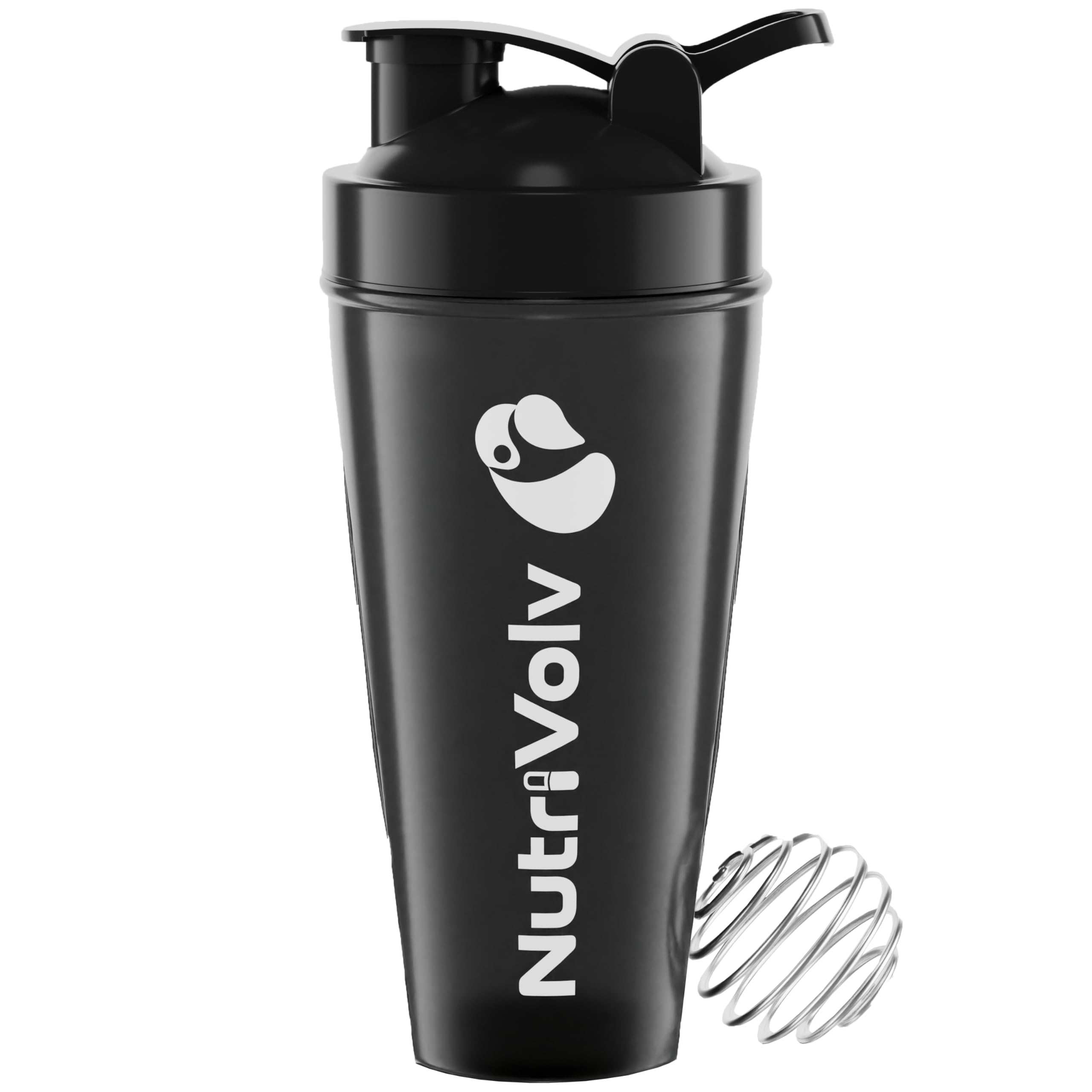 NutriVolv Protein Shaker Bottle 600ml | Wire Mixball Whisk | BPA Free | Non-Drip Screw Lid | Black Colour | Perfect for Mixing Powdered Shakes | Dishwasher Safe