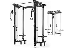 Mikolo Folding Squat Rack, Wall Mounted Power Rack with Cable Crossover Machine & LAT Pull Down, Functional Trainer with 5 Adjustable Function Modes, for Home Gym and Space Saving