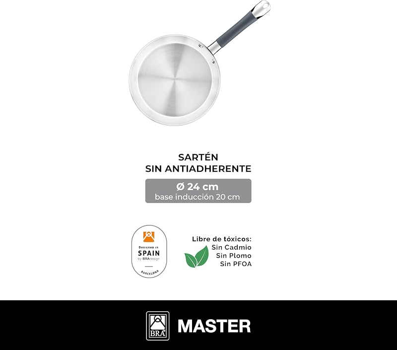Master | Sartén 24 cm, Acero Inoxidable, Sin Antiadherente