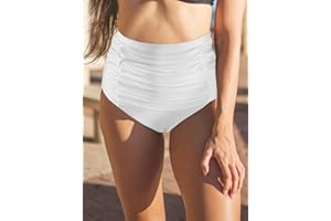 Women's High Waisted Ruched Bikini Bottom, Tummy Control, Plus Size Friendly