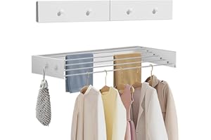 HUATOL Laundry Drying Rack Collapsible,Space Saving Wall Mounted Clothes Drying Rack with 4 Hooks,23.6" Hanging Laundry Drying Rack Wall Mount- Compact, Retractable, Space Saving for Laundry Room.