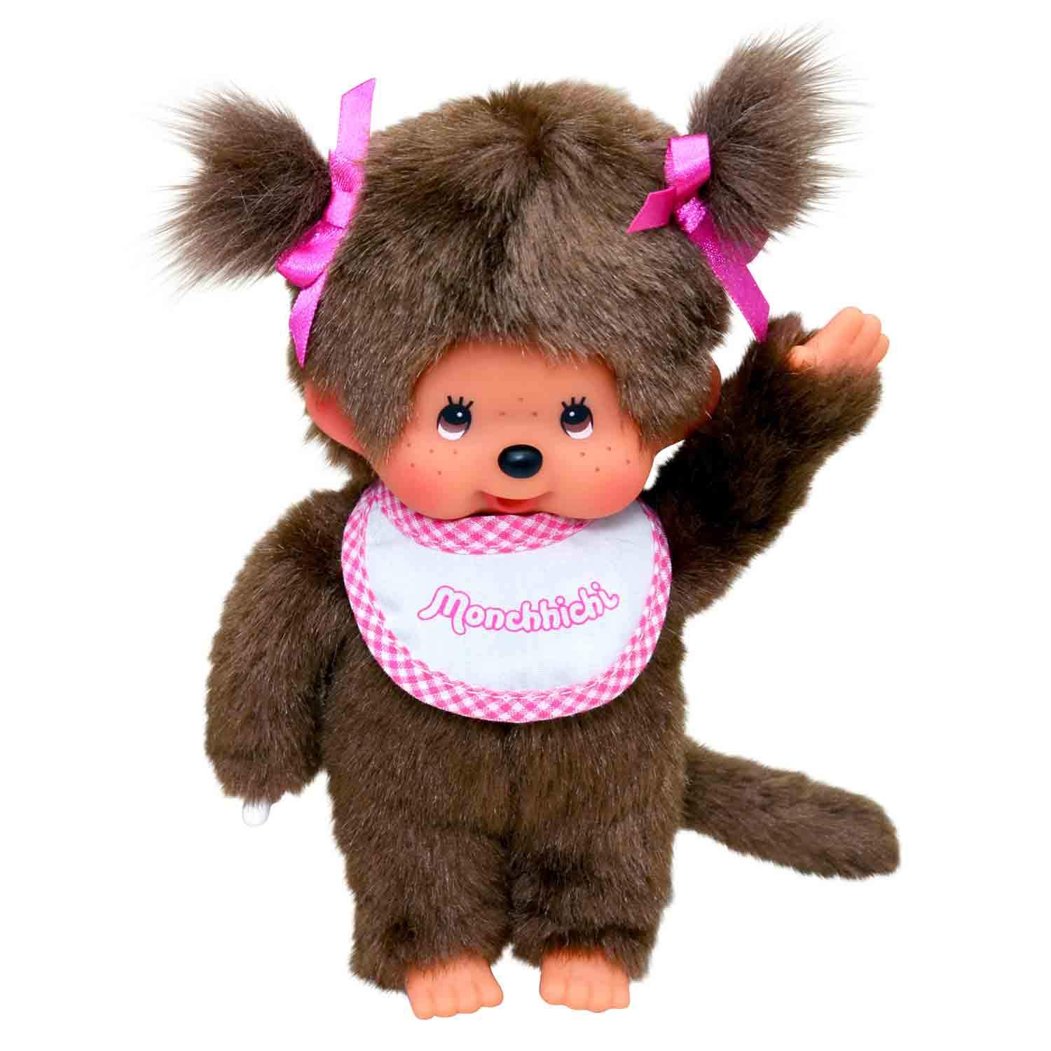 Sekiguchi Monchhichi Mädchen Mit Fotoalbum, 20 Cm – Weiches Plüschtier Aus Braunem Mohair, Rote Schleife