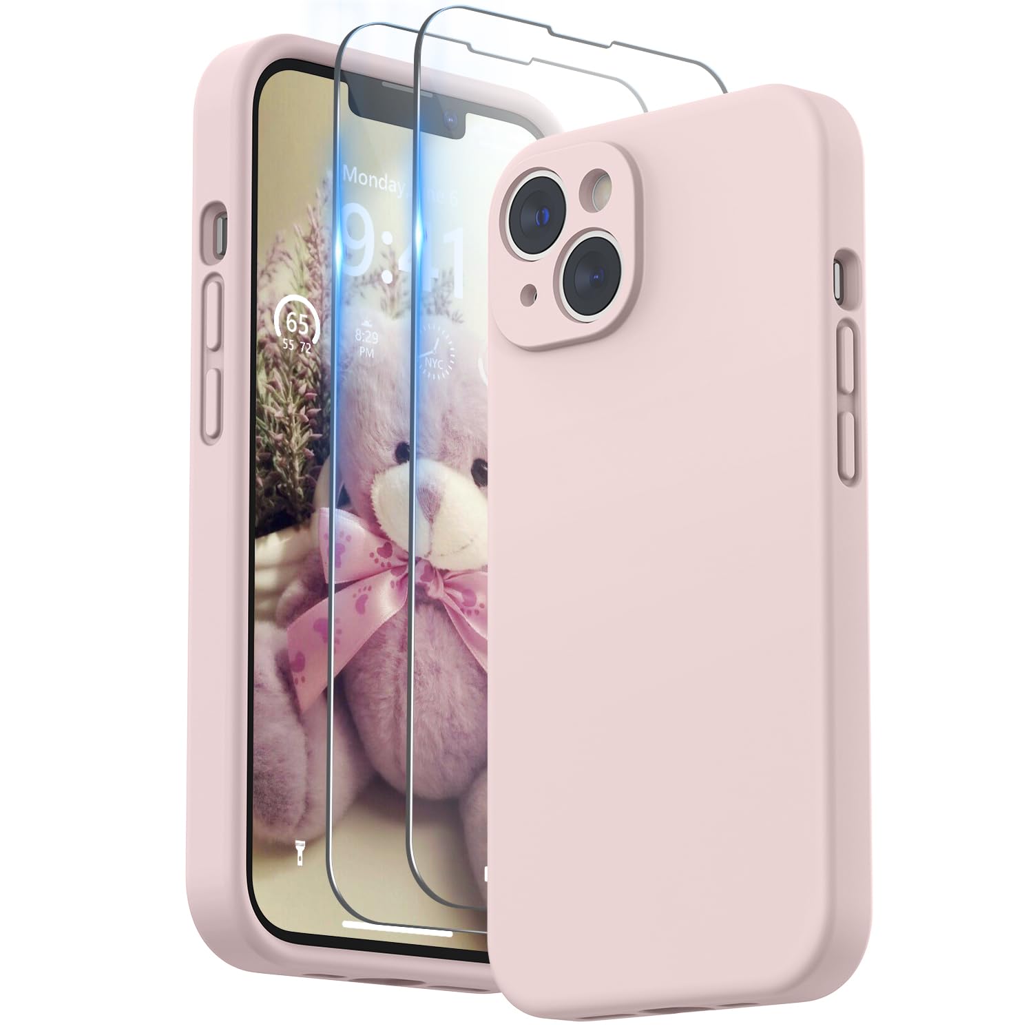 SURPHY Compatible with iPhone 14 Case with Screen Protector (Camera Protection & Soft Microfiber Lining) Liquid Silicone Phone Case 6.1 inch 2022, Pink Sand