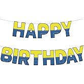 Cartoon Happy Birthday Banner, Yellow and Blue Paper Cartoon Garland Sign Small Yellow Creature Banner Backdrop for Baby Shower Birthday Party Decorations