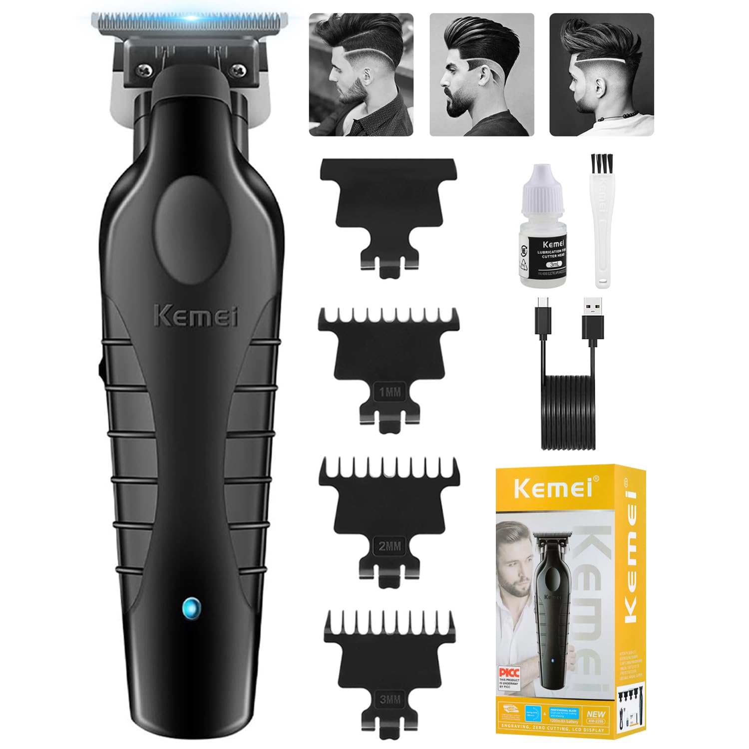 KEMEI 2299 Professional Hair Clipper for Men, Cordless Electric Beard Trimmer Men, Zero Gapped T-Blade Hair Trimmer with 3 Guide Combs