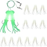 Teyva Daily 12 Set Cod Squid Halibut Rigs with Glow Luminous Skirt | Ling Cod Fishing Jigs, Include 4.5-inch Ball Squid Lure Jig and 7/0 Hook, 50-pound Leader, Saltwater Fishing Lingcod Rockfish
