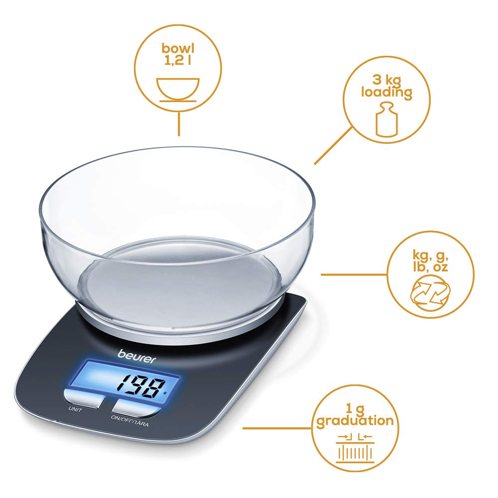 Beurer KS25 Digital Kitchen Scale | with 1.2l Weighing Bowl | Tare Weighing Function | Adjustable Between kg, g, lb, oz | 3kg Weight Capacity