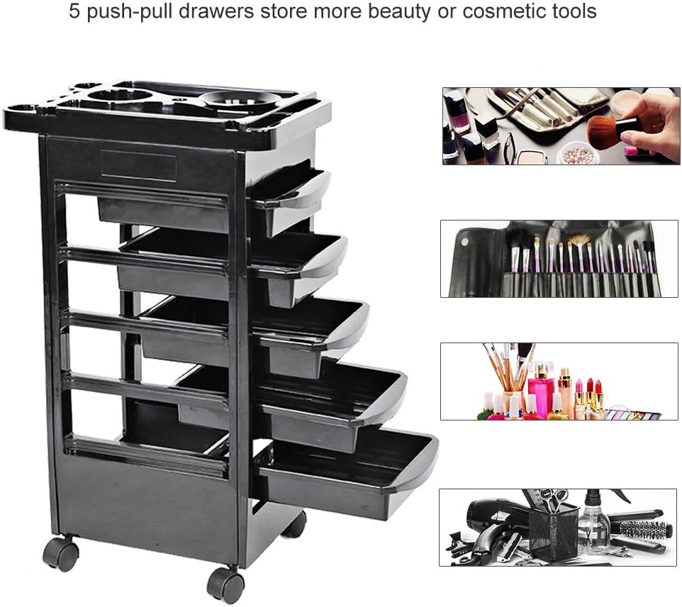 Filfeel Salon Spa Trolley Storage Cart with 5 Drawers, Coloring Beauty Salon Hair Dryer Holder Stylist Trolley in Black: Home & Kitchen