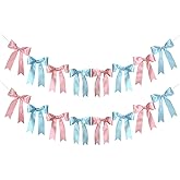 2 Strings of 16 PCS Pink Blue Bow Garlands Banner Decoration, Pre-Strung Satin Ribbon Bow Party Ornaments for Gender Reveal Party, Birthday, Baby Shower, Engagement, Bachelorette(Pink&Blue)