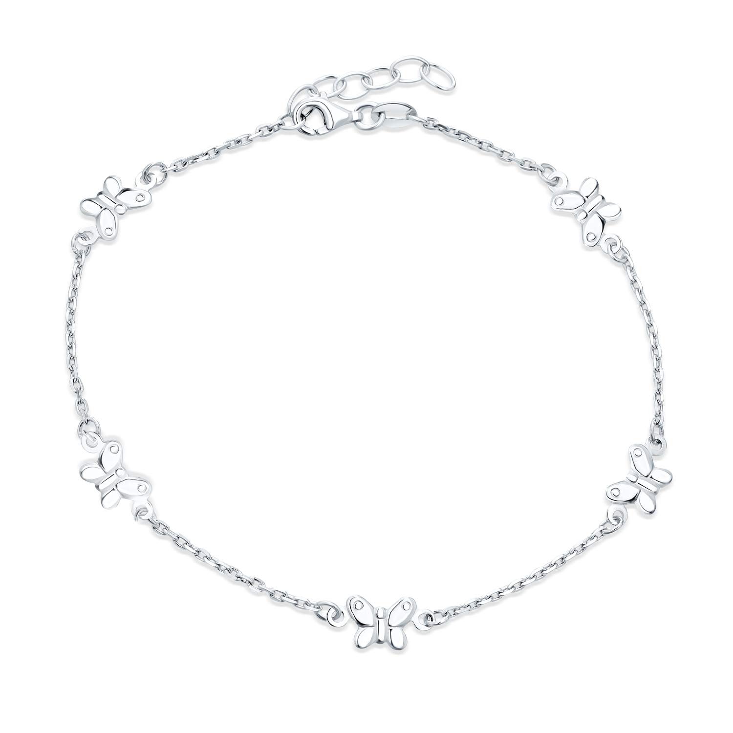 Bling Jewelry Nature Garden Multi Station Charm Butterfly Anklet Foot Ankle Bracelet For Women Teens .925 Sterling Silver Adjustable 9 To 10 Inch