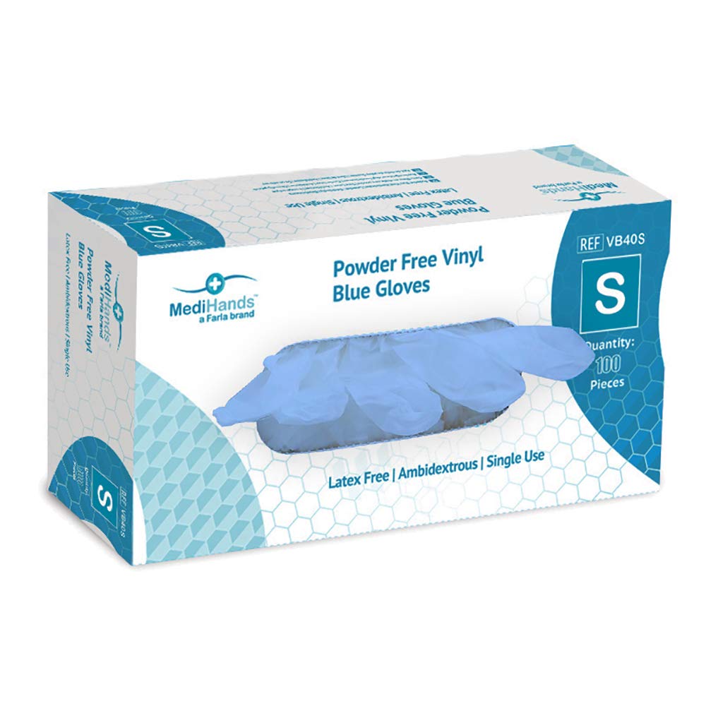 Farla MediHands Blue Small Vinyl Gloves - Box of 100 Disposable Vinyl Medical Glove - Powder, Latex, & Protein Free Glove - Multi-Purpose, Single Use Surgical Gloves