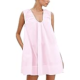 Ardrem Women Summer Sleeveless Babydoll Mini Dress Scoop Neck Loose Fit Tank Dresses Party Ruched Short Dress witn Pockets