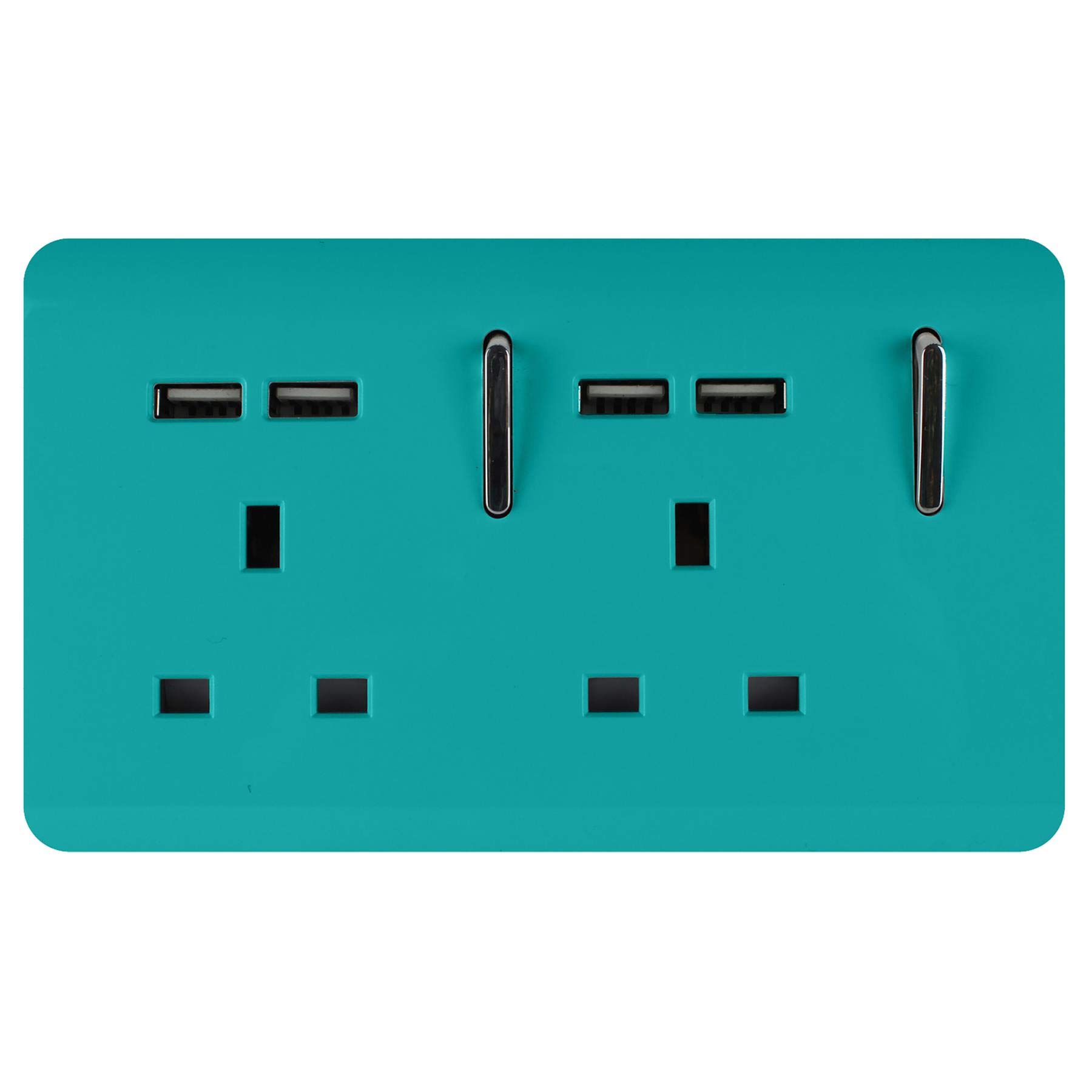 Trendi 2 Gang Artistic Modern Glossy Screwless Raised 13 Amp 240v Short 4 USB Type A Charging Points Double Chrome Switched Electrical Wall Plug Socket Bright Teal - ART-SKT213USBBT
