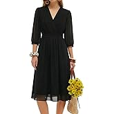 GOELIA Women's Summer Dress 3/4 Sleeve Casual Boho V-Neck Pleated Lace Up Wrap Flowy Midi Dress Wedding Guest Dresses