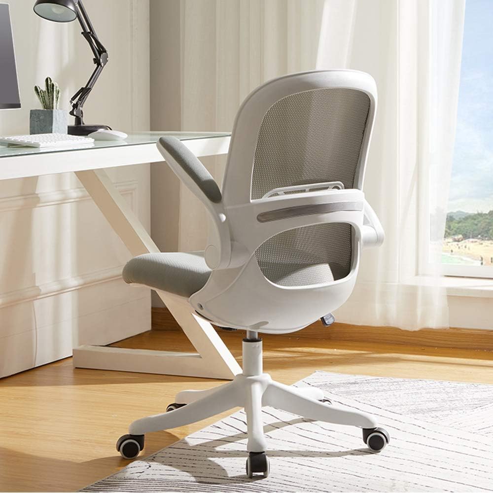 BERLMAN Ergonomic Mid Back Mesh Office Chair with Flip-up Arms and Adjustable Height Desk Chair Anchor Chair Student Chair (White&Grey)