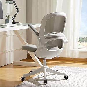 BERLMAN Ergonomic Mid Back Mesh Office Chair with Flip-up Arms and Adjustable Height Desk Chair Anchor Chair Student Chair (White&Grey)