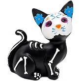 Day of the Dead Sugar Skull Black Cat Figurine, Resin Halloween Cat Statue, Dia de los Muertos Decor, Gothic Skeleton Cat Ornament for Home Shelf Table Desk Tiered Tray Halloween Decorations Gift